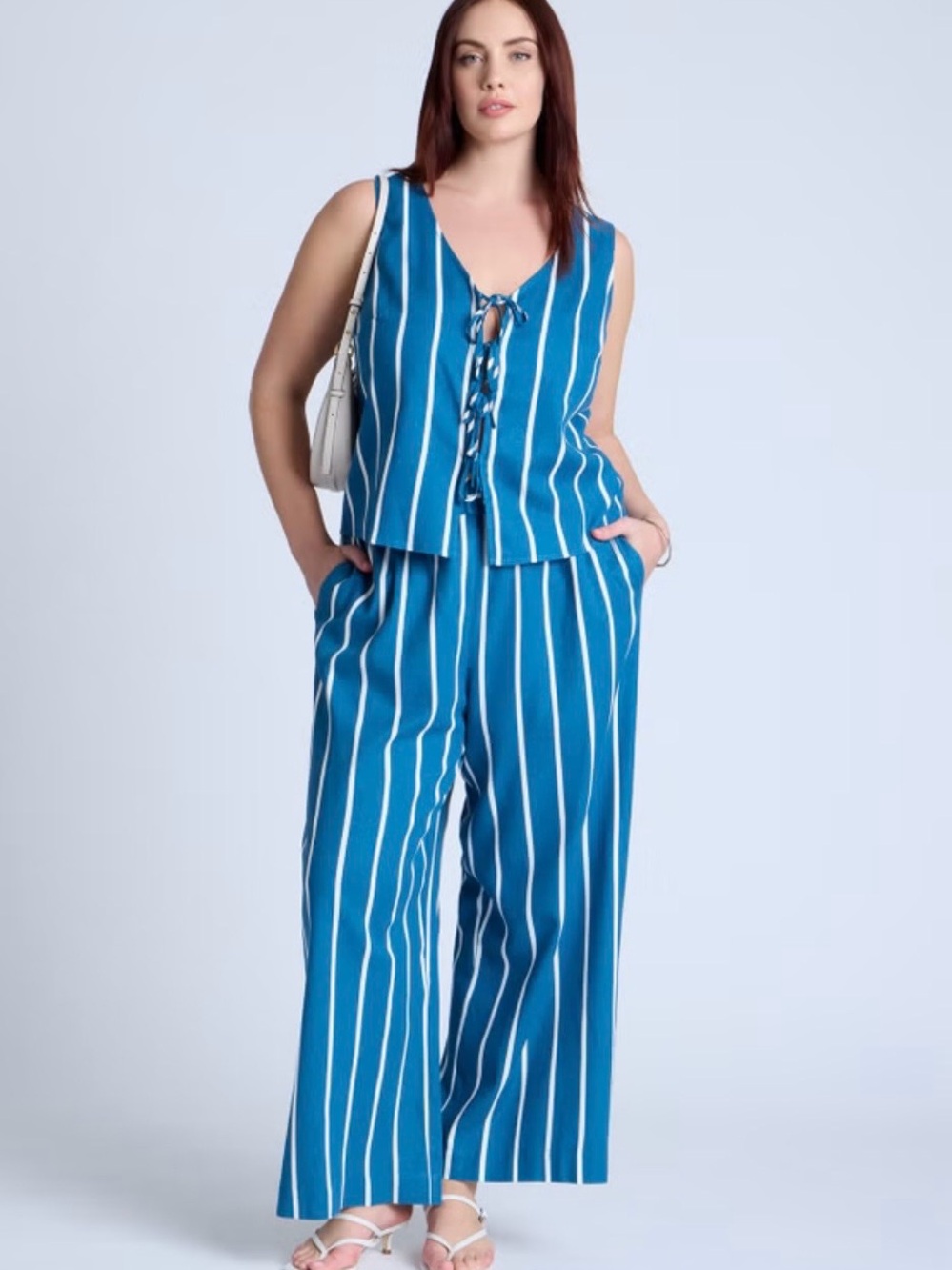 Striped Blue Tie-Front set Pants and Vest